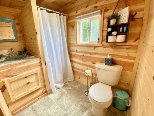 Cozy bathroom with wooden walls, a shower curtain, sink, toilet, and natural light from a window.