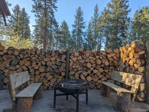 A cozy outdoor fire pit area with two wooden benches surrounded by stacked firewood and tall pine trees.