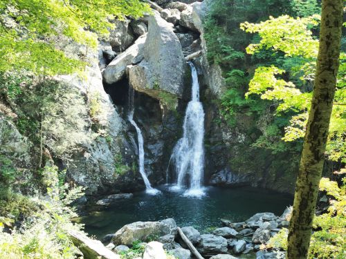 A serene waterfall cascading into a rocky pool, surrounded by lush green trees and rugged cliffs.