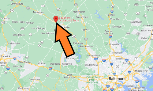 Map showing Baugher's Orchard & Farm location in Maryland, highlighted with an arrow.