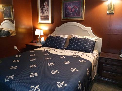 Cozy bedroom featuring a double bed with a patterned blanket, nightstand, lamp, and framed artwork on the walls.