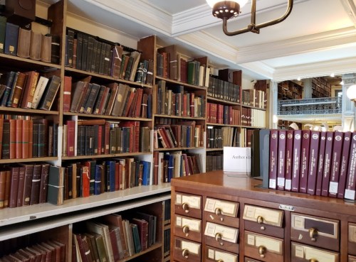 A cozy library with tall bookshelves filled with books and a wooden card catalog in the foreground.
