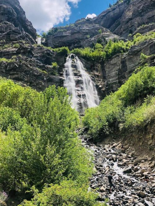 A stunning waterfall cascades down rocky cliffs, surrounded by lush greenery and a rocky stream below.