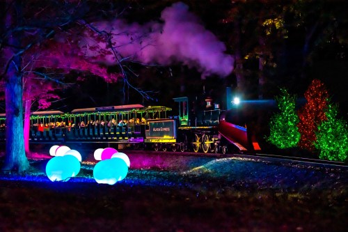 A brightly lit train with colorful lights travels through a dark forest, surrounded by glowing orbs and festive decorations.