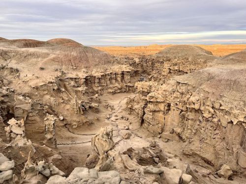 A vast, rugged landscape of eroded rock formations under a cloudy sky, showcasing unique geological features.