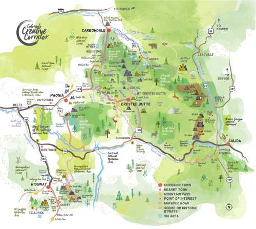 Map of the Colorado Creative Corridor, highlighting towns, points of interest, and scenic routes in the region.