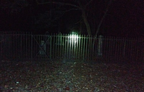 A dimly lit cemetery gate at night, surrounded by trees and fallen leaves, with a light shining through the bars.