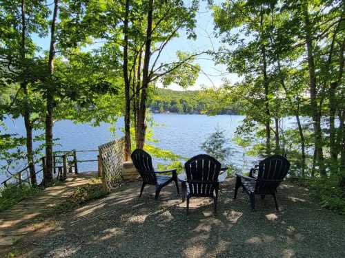 Three black chairs facing a serene lake, surrounded by trees and a wooden dock in the background.