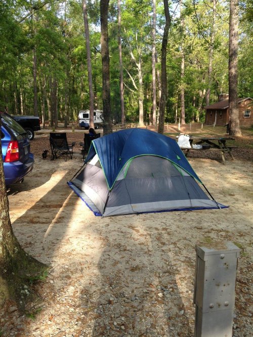 A blue tent set up in a wooded campsite, with a car and picnic area nearby. Sunlight filters through the trees.