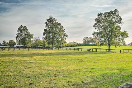 A serene landscape featuring a green pasture with trees and a wooden fence under a clear sky.
