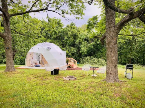 A geodesic dome structure surrounded by trees, with outdoor seating and a fire pit on a grassy area.