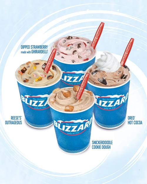 Five colorful Blizzard cups featuring various flavors like Dipped Strawberry, Reese's Outrageous, and Snickerdoodle Cookie Dough.