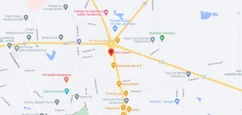 Map showing a section of Henderson, Texas, highlighting Dairy Queen and nearby landmarks and roads.