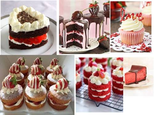 A collage of various cakes, including heart-shaped, layered chocolate, cupcakes, and strawberry-topped desserts.