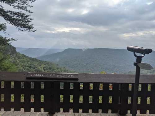 View from Laurel Gulf Overlook, featuring rolling green hills under a cloudy sky with a telescope nearby.