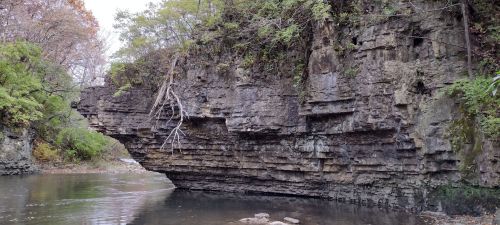 A rocky cliff with layered stone formations beside a calm river, surrounded by trees and greenery.
