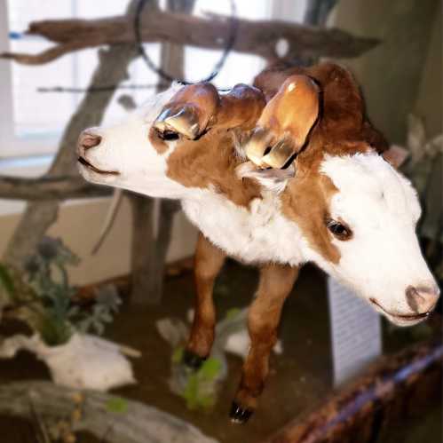 A taxidermy display of a two-headed calf, showcasing its unique features and lifelike details.