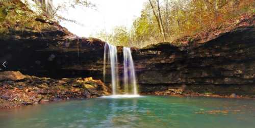 A serene waterfall cascading into a clear pool, surrounded by rocky cliffs and autumn foliage.