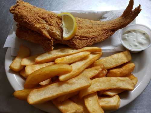 A plate of fried fish with a lemon slice, served alongside golden French fries and a small cup of dipping sauce.