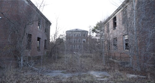 Abandoned brick buildings surrounded by overgrown vegetation and trees, with broken windows and a desolate atmosphere.