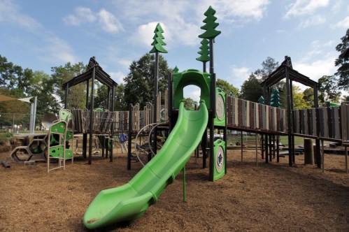 A green slide on a playground surrounded by wooden structures and trees under a blue sky.