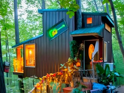 A whimsical treehouse surrounded by trees, adorned with lights and a colorful window design.