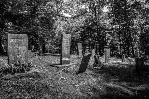 A black and white image of a quiet graveyard with several old gravestones surrounded by trees.