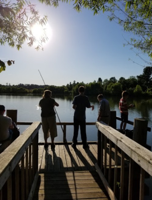 People fishing from a wooden dock by a serene lake, with sunlight shining through the trees.