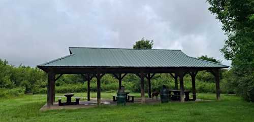 A covered picnic shelter with a metal roof, surrounded by green grass and trees under a cloudy sky.