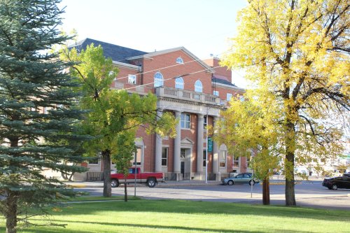 A brick building with large windows, surrounded by green and yellow trees, and parked cars on a sunny day.