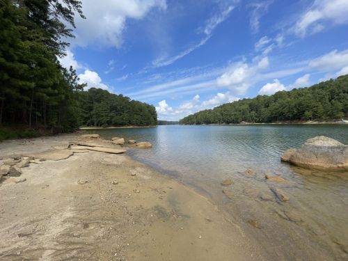 A serene lake scene with sandy shore, rocks, and lush green trees under a blue sky with fluffy clouds.