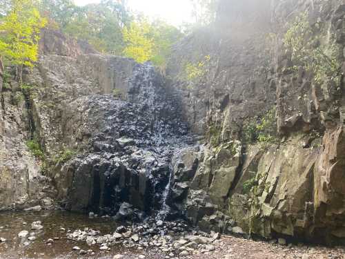 A small waterfall cascades down rocky cliffs, surrounded by greenery and a tranquil pool at the base.