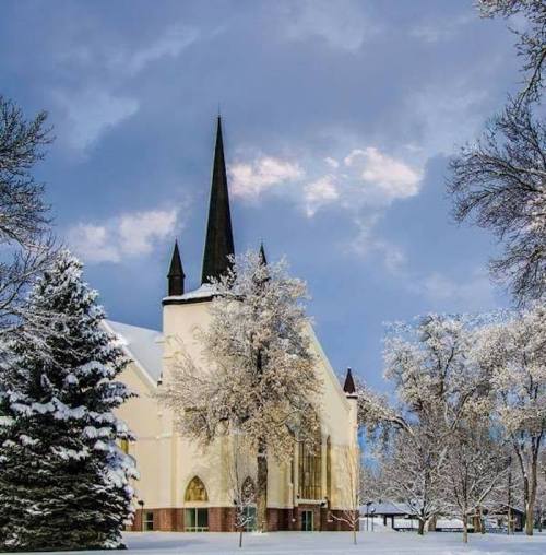 A snow-covered church with a tall spire, surrounded by frosty trees under a cloudy sky.