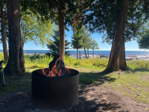 A fire pit with flames surrounded by trees, overlooking a serene lake under a clear blue sky.