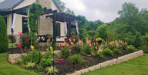 A landscaped garden with colorful flowers in front of a house, surrounded by greenery and a cloudy sky.