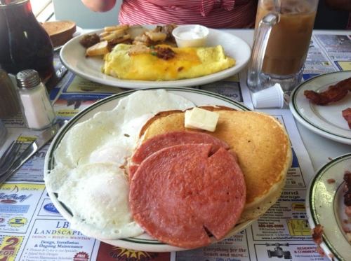 A plate of breakfast featuring eggs, pancakes, and slices of meat, with an omelet and potatoes in the background.