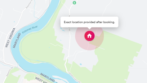 Map showing a location with a highlighted area and a note stating "Exact location provided after booking."