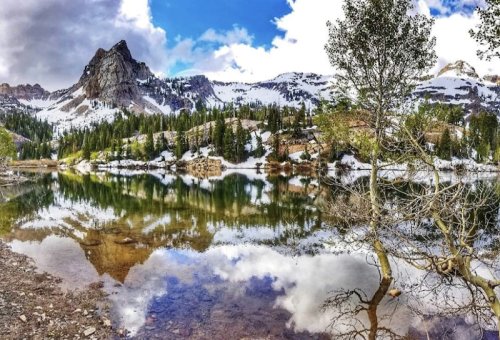 A serene mountain landscape with a lake reflecting snowy peaks and trees under a partly cloudy sky.