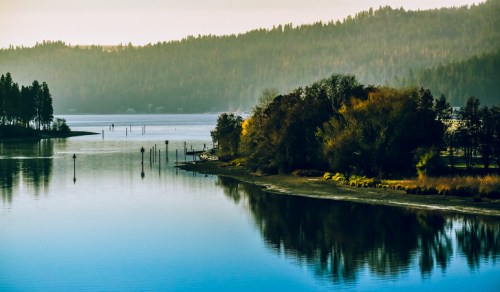 Serene landscape of a calm lake surrounded by trees and distant mountains, reflecting the soft morning light.