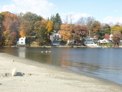 A serene lakeside view with colorful autumn trees and houses along the shore, reflecting in the calm water.
