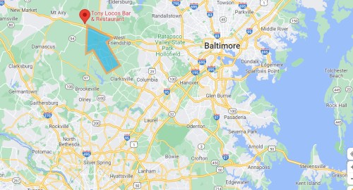 Map showing the location of Tony Locos Bar & Restaurant near Mt. Airy, Maryland, with nearby towns and highways.