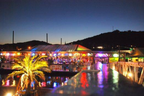 A vibrant waterfront scene at dusk, featuring colorful lights reflecting on the water and palm trees in the foreground.