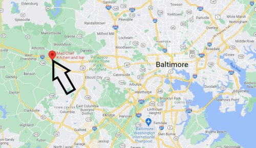 Map showing Baltimore, Maryland, with a marker indicating the location of Red Chef Kitchen and Bar to the west.