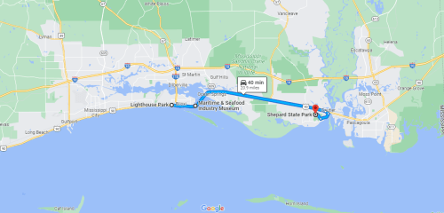 Map showing directions from Lighthouse Park to Shepard State Park, highlighting a 40-minute travel time.