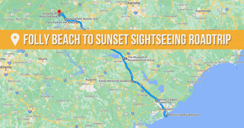 Map showing a road trip route from Folly Beach to Morris Island Lighthouse, with key stops highlighted.