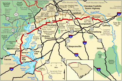 Map of South Carolina and Georgia highlighting routes, towns, and landmarks, including highways and rivers.