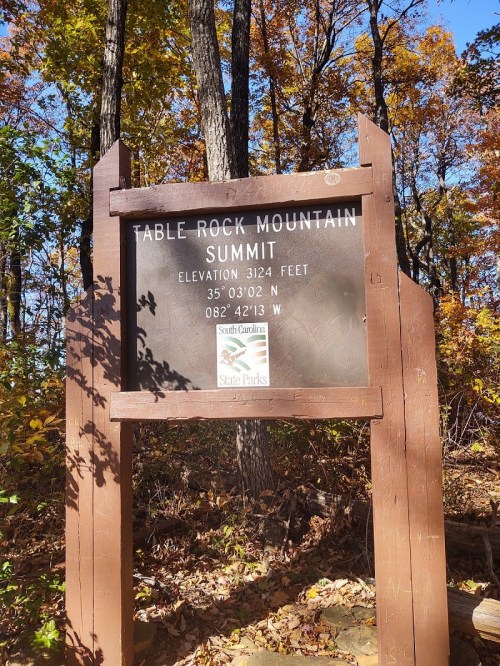 Sign for Table Rock Mountain Summit, showing elevation of 3124 feet and coordinates, surrounded by autumn foliage.