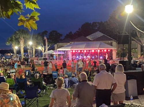 A lively outdoor concert at night with a crowd enjoying music under colorful lights and palm trees.