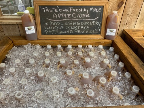 Bottles of freshly made apple cider on ice, with a sign promoting a unique surface pasteurization process.