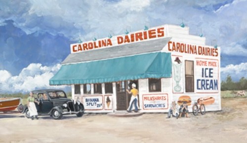 A vintage ice cream shop with a teal awning, featuring a sign for homemade ice cream and classic cars outside.